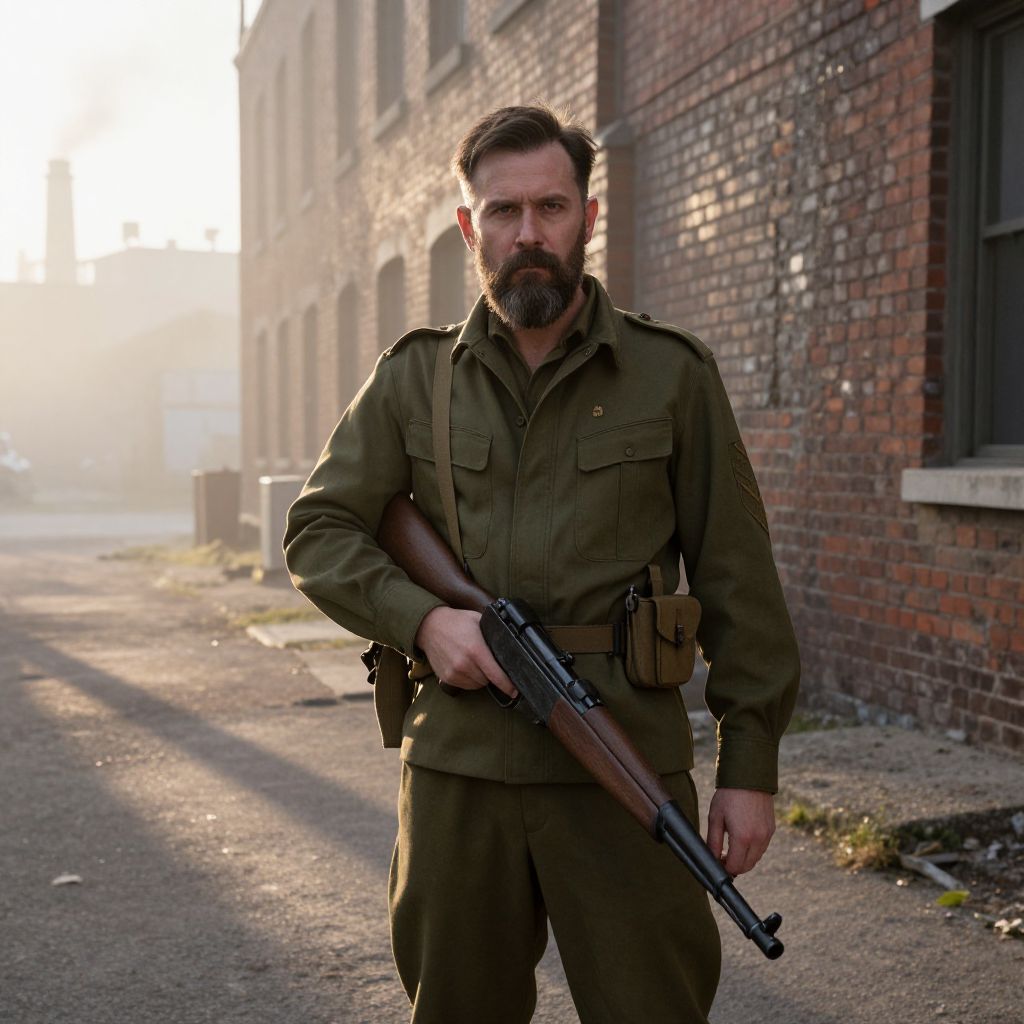 Man in Vintage Military Uniform Holding Rifle on Urban Street