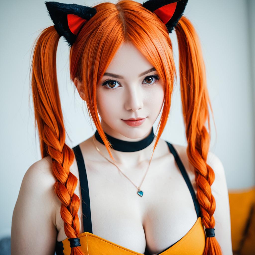 Young Woman with Orange Braided Hair and Cat Ear Accessories in Cosplay Style
