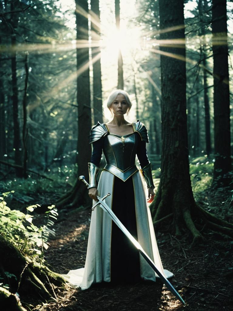 Woman in Excalibur Armor Costume Holding Sword in Enchanted Forest