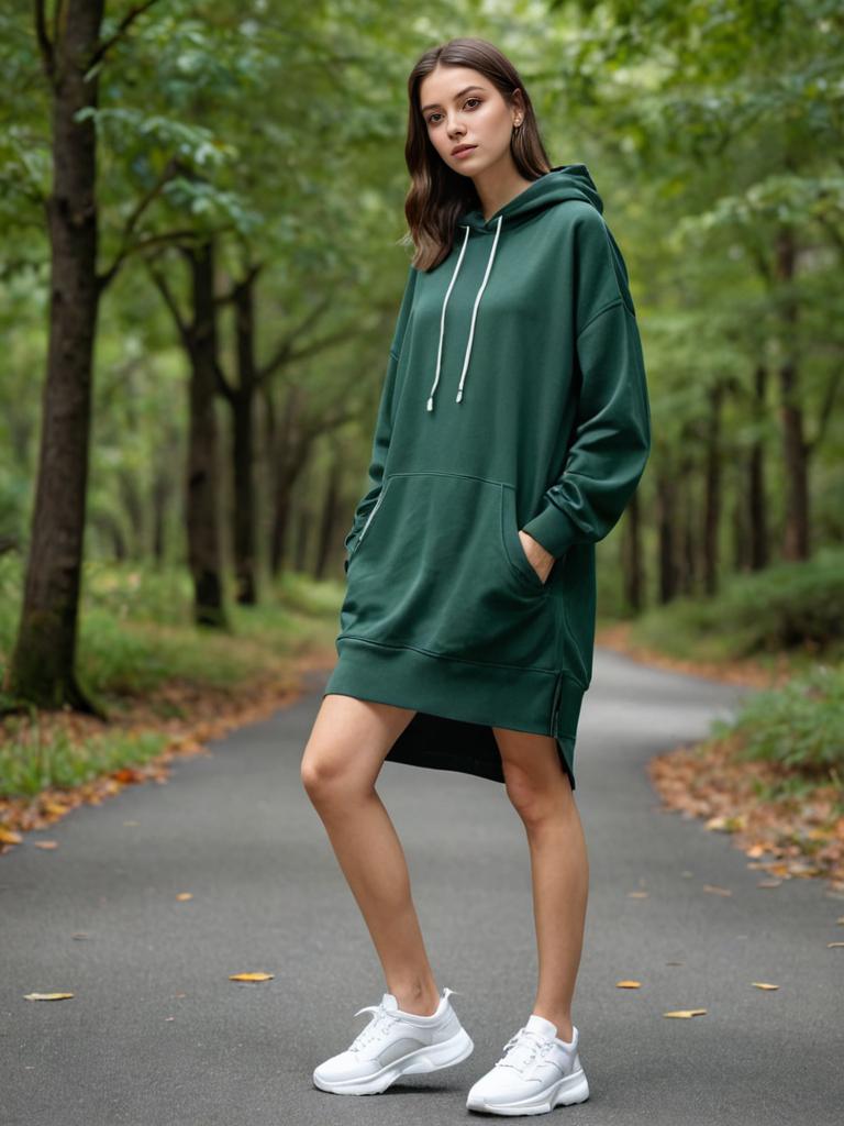 Woman in Green Hoodie on Forest Pathway