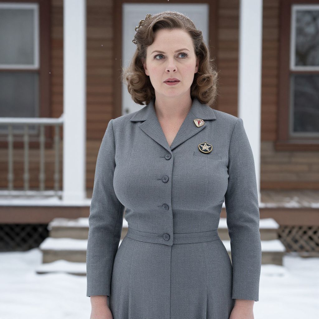 Vintage Woman in Grey Suit Standing Outdoors in Snow