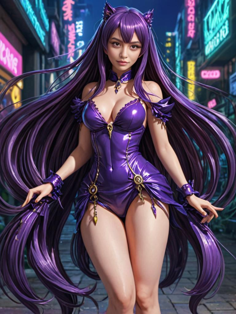 Purple-haired female character in urban nightlife