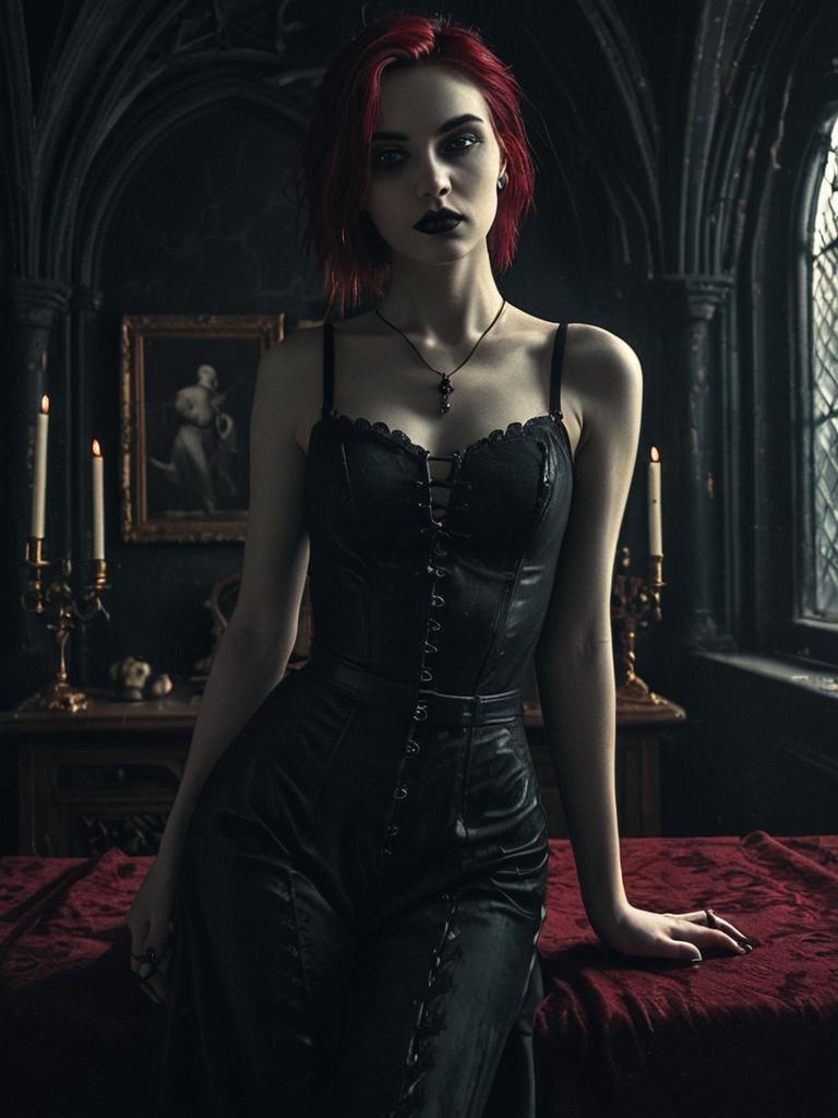 Gothic Woman in Black Leather Corset Dress with Red Hair in Medieval Room