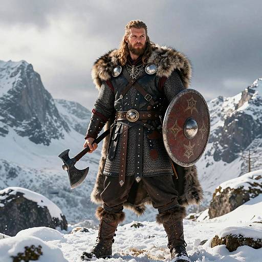 Viking Warrior in Snowy Mountains Holding Axe and Shield