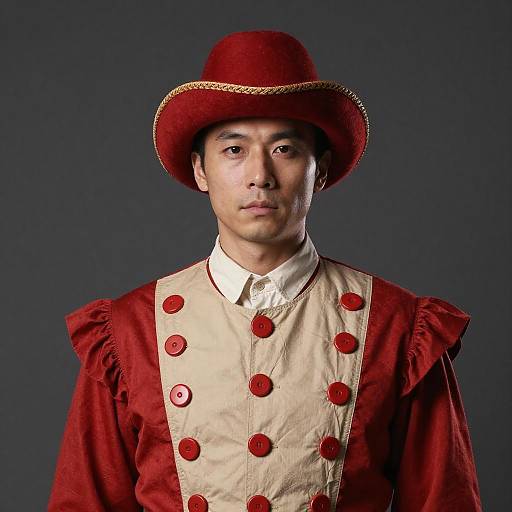 Man Wearing Vintage Red Costume with Wide-Brimmed Hat