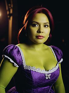 Woman in Purple Dress Shrek Costume Waist Up Editorial Portrait