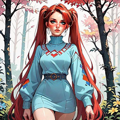 Red-Haired Woman in Blue Dress Standing in Autumn Forest Digital Artwork
