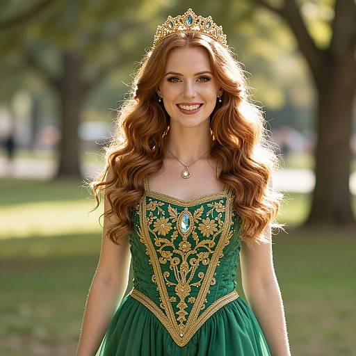 Young Woman Wearing Green Embroidered Gown and Gold Crown Outdoors