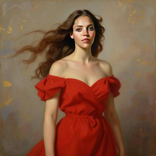 Elegant Woman in Flowing Red Dress Portrait with Classic Painterly Style