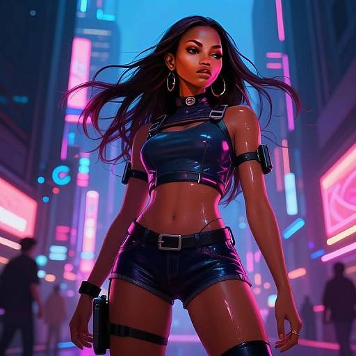 Cyberpunk Woman in Neon Lit Futuristic City Digital Art