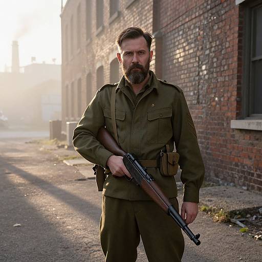 Man in Vintage Military Uniform Holding Rifle on Urban Street