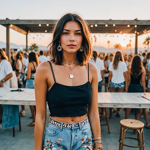 Boho Chic Woman at Outdoor Sunset Gathering in Embroidered Denim
