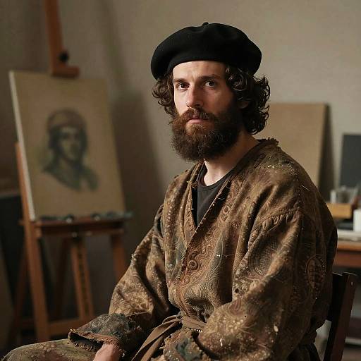 Bearded Male Artist in Beret and Vintage Robe in Studio