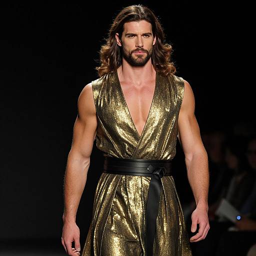 Male Model in Gold Metallic Sleeveless Fashion Jumpsuit on Runway