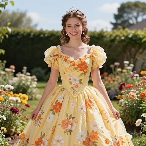 Young Woman in Yellow Floral Ball Gown with Tiara in Garden