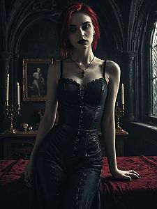 Gothic Woman in Black Leather Corset Dress with Red Hair in Medieval Room