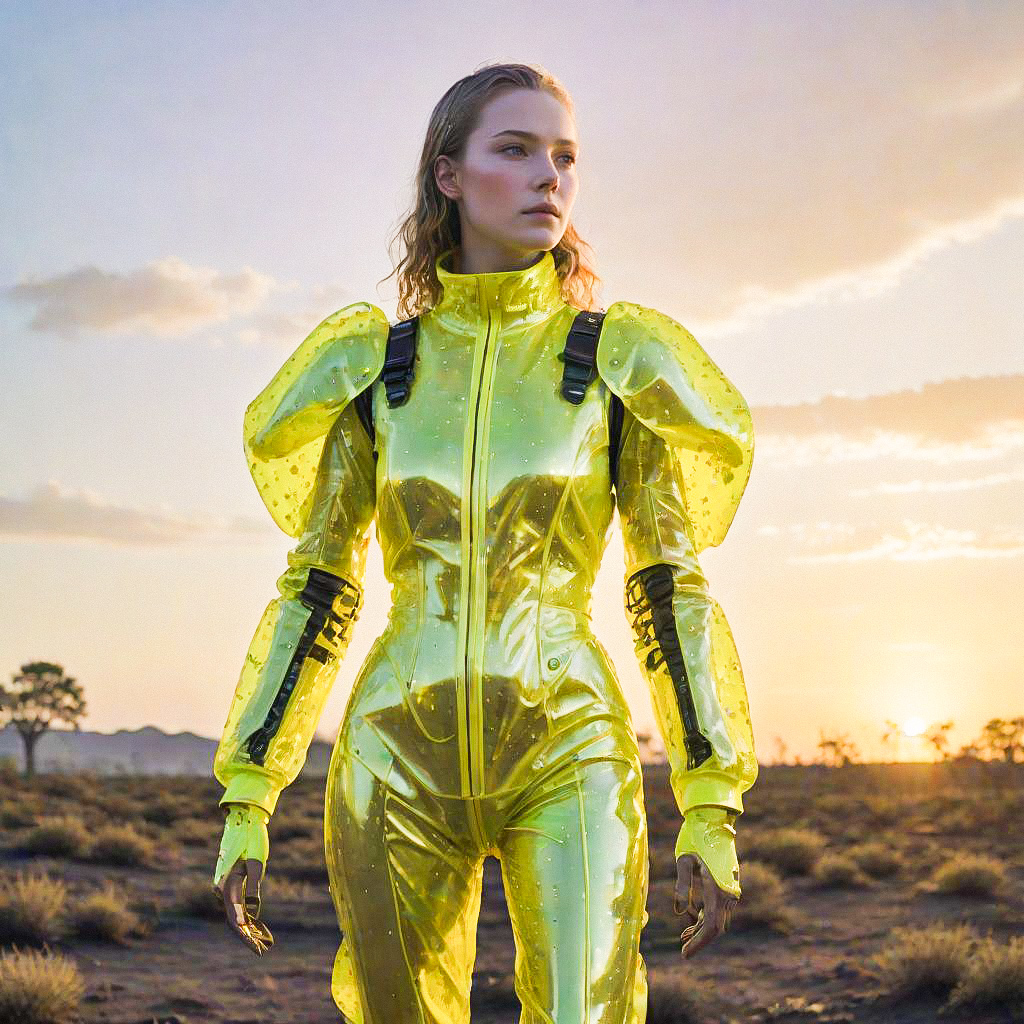 Woman in Futuristic Neon Yellow Jumpsuit at Sunset Woman in Futuristic Neon Yellow Jumpsuit at Sunset