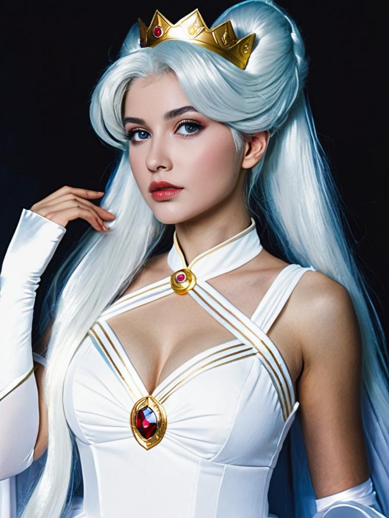 Sexy Queen Serenity Cosplay Woman Character in Elegant White Costume