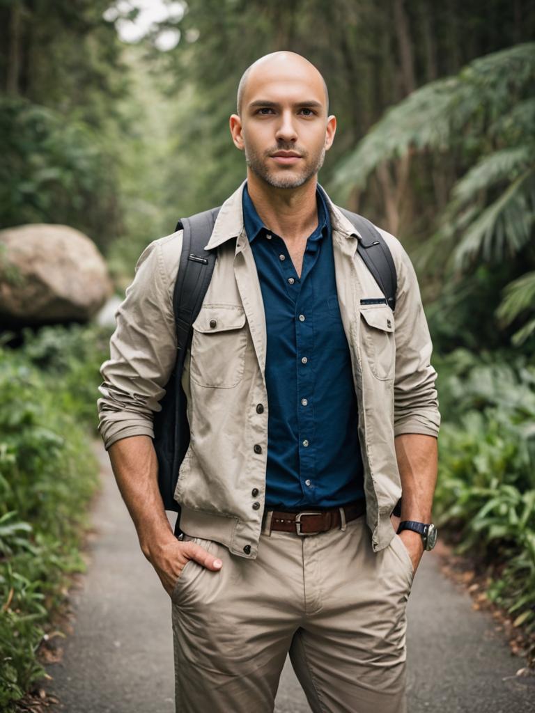 Confident Man in Forest Pathway