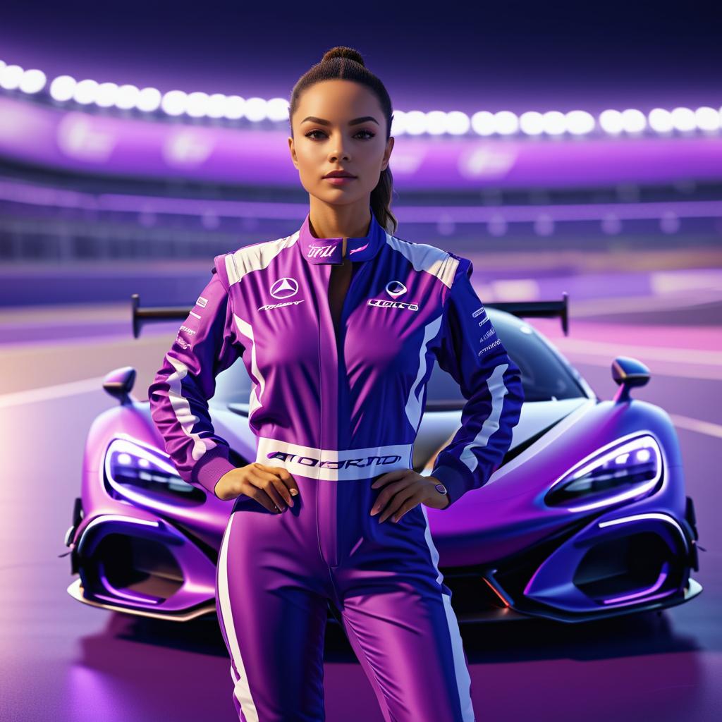 Confident Female Driver with Purple Racing Car