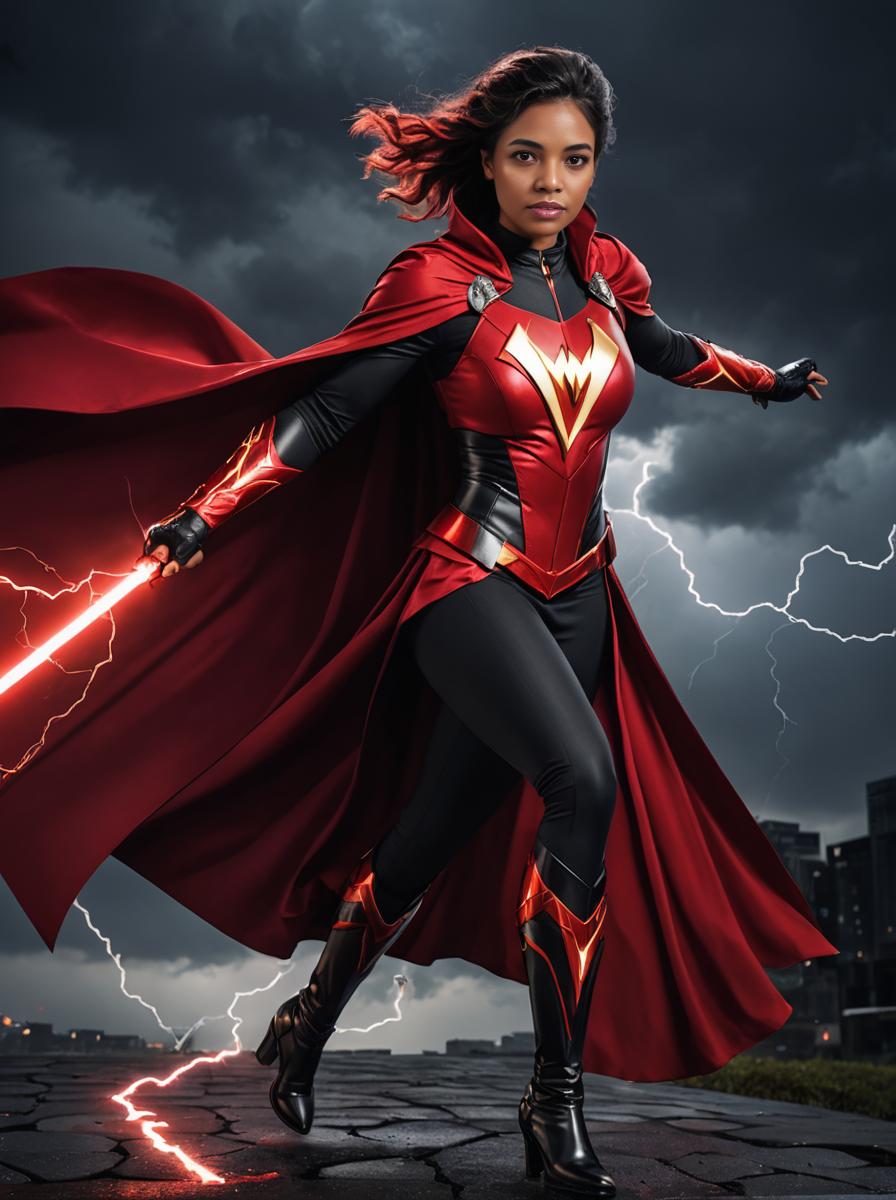 Powerful Female Superhero in Stormy Setting