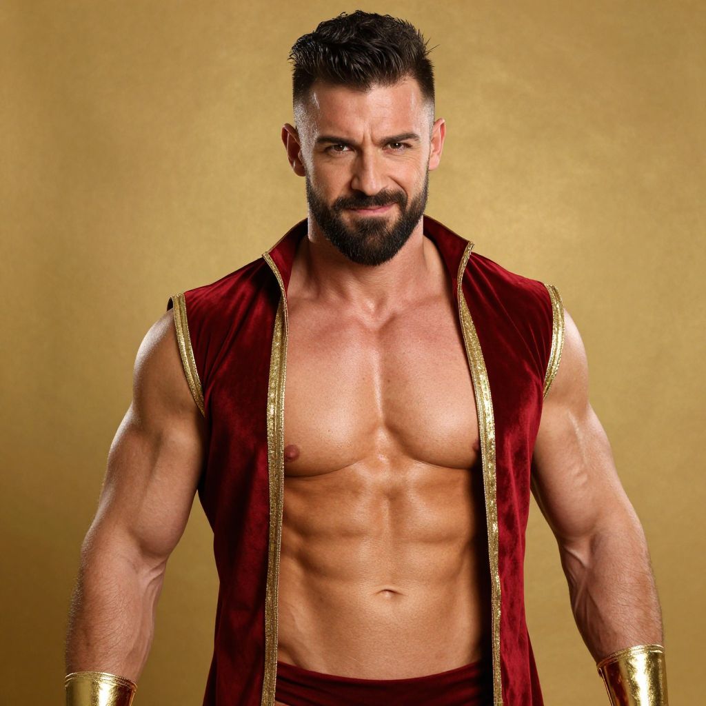 Muscular Man in Red Velvet Vest with Gold Trim Posing Confidently