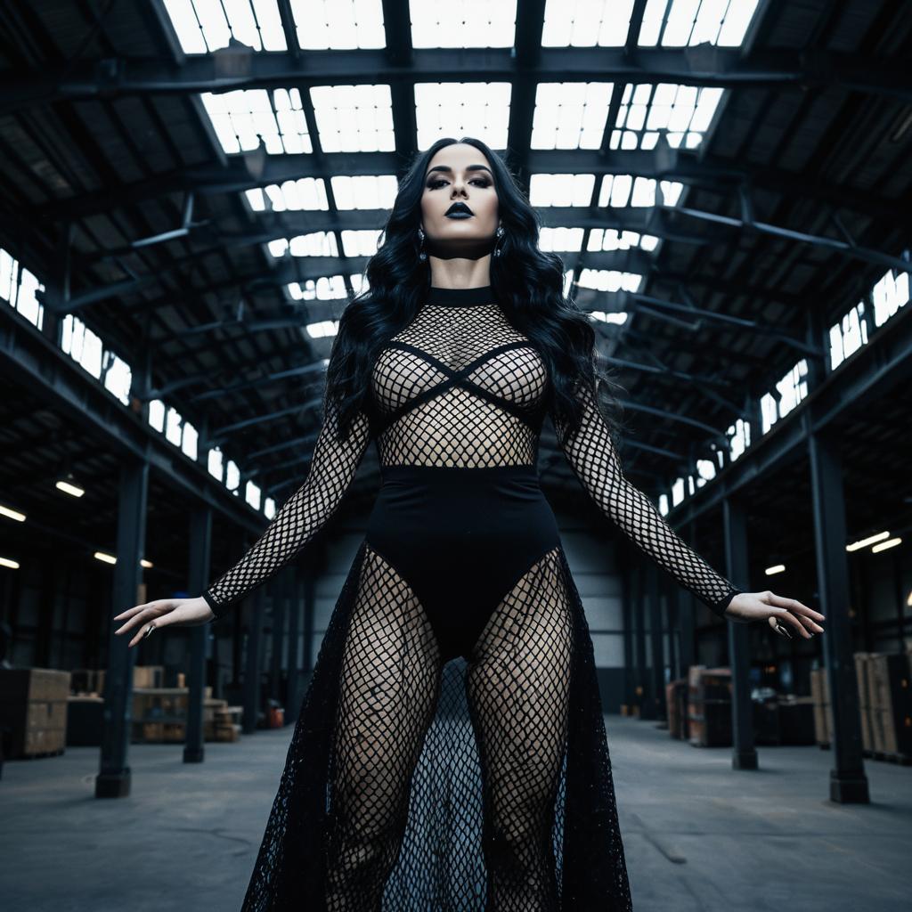 Confident Woman in Black Fishnet Bodysuit Industrial Warehouse Fashion Portrait