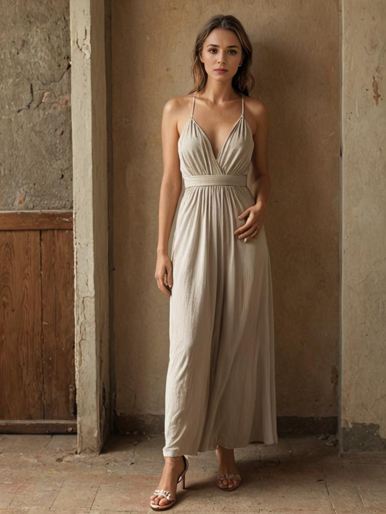 Woman in Long Beige Dress Against Rustic Background