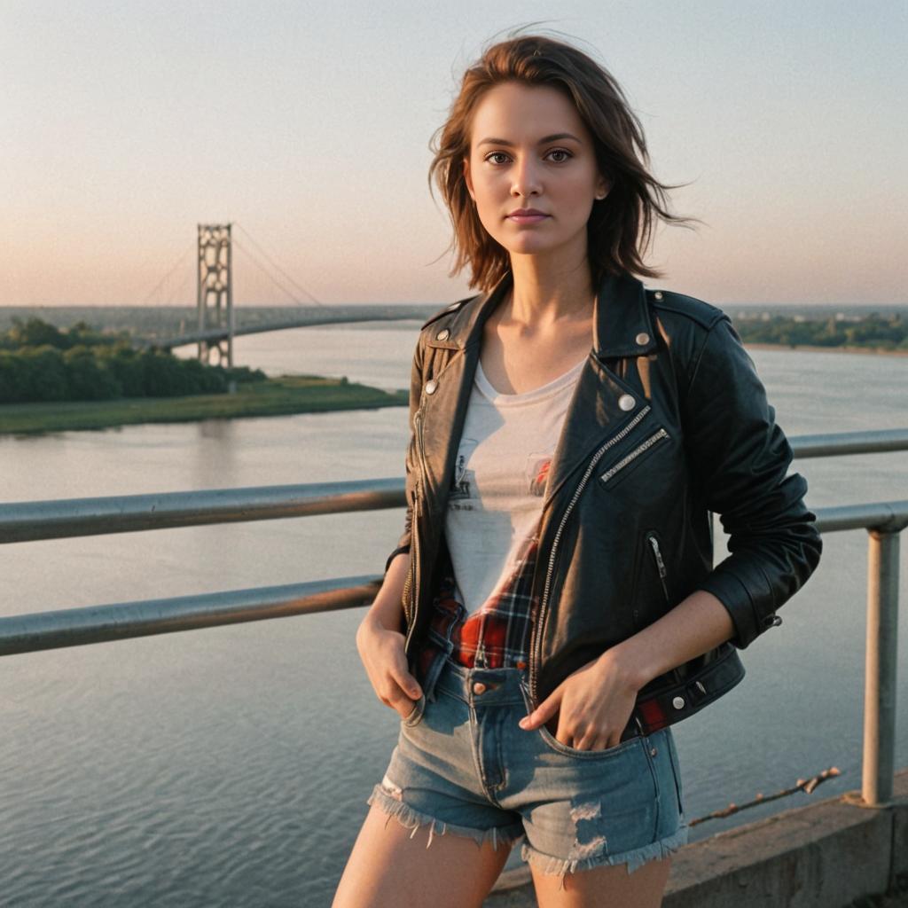 Trendy Woman Portrait with River and Bridge