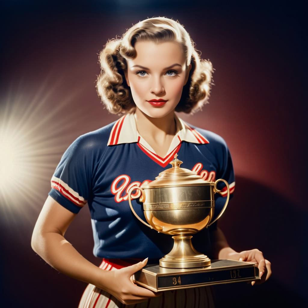 Glamorous Woman with Trophy in Retro Sports Jersey