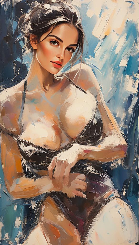 Digital Painting of Woman in Black Swimsuit with Expressive Brushstrokes