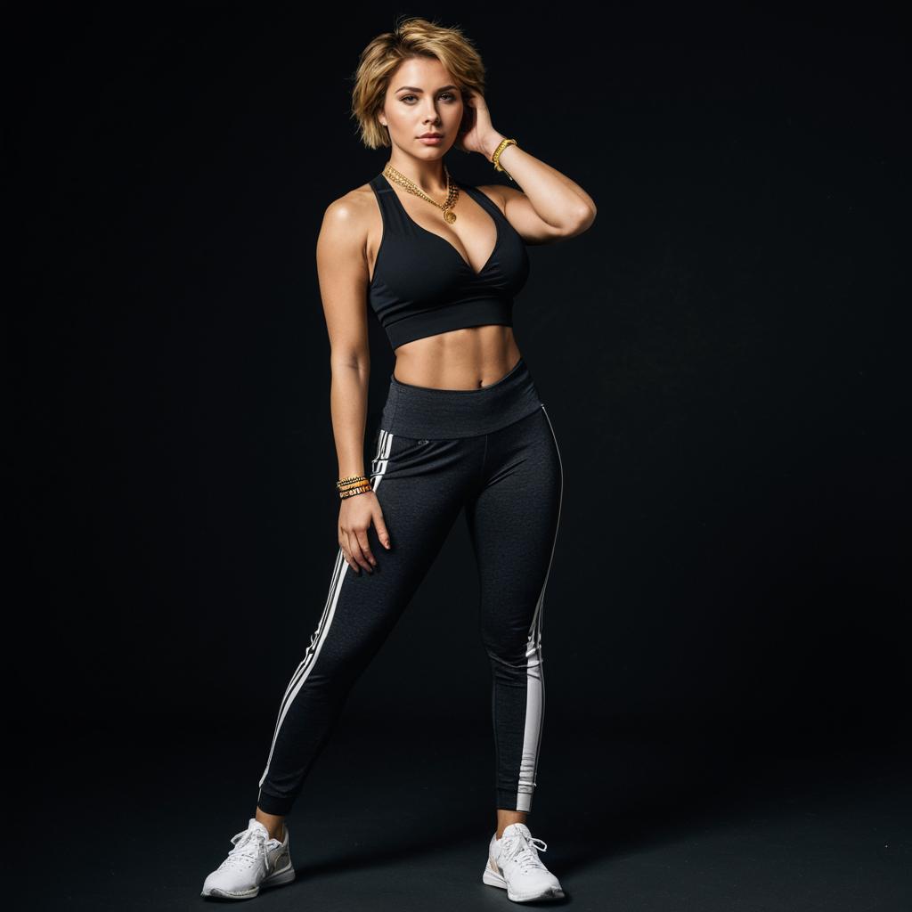 Fit Woman in Black Sportswear and Leggings Posing Confidently in Studio