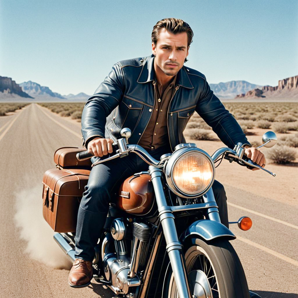 Handsome Man on Vintage Motorcycle in Desert