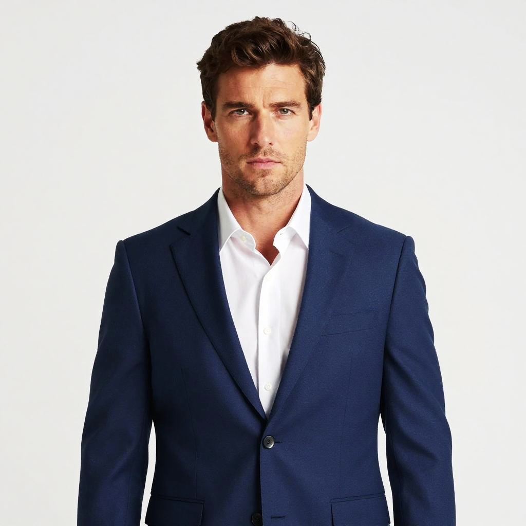 Confident Man in Navy Blue Suit and White Shirt Portrait