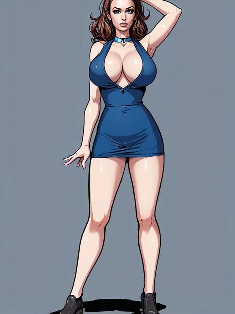 Digital Illustration of Woman in Blue Dress, Comic Style Artwork