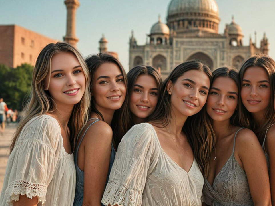 Women Posing at Stunning Architectural Landmark