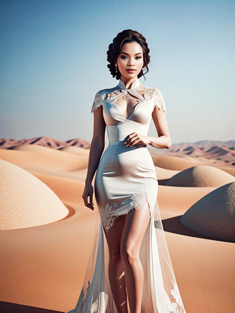 Elegant Woman in White Dress on Sand Dunes