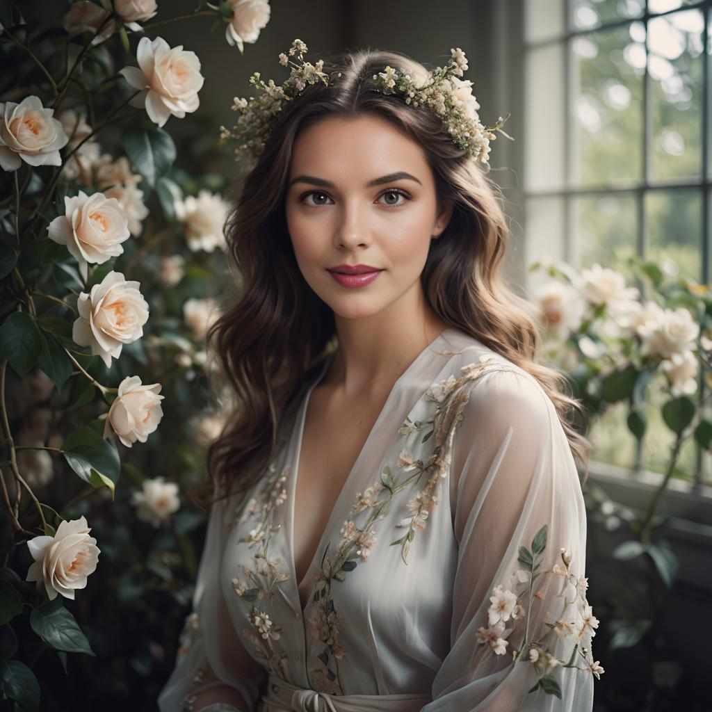 Woman in Floral Gown in Garden Room