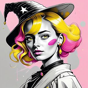 Stylized portrait of a woman in a witch hat with vibrant hair