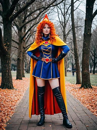 Woman in Vibrant Fantasy Cosplay Outfit with Cape and Curly Red Hair