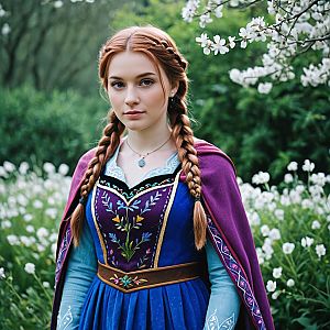 Young Woman in Medieval Costume Among White Flowers