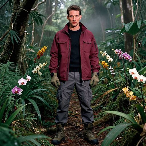 Man in Outdoor Gear Standing in Orchid-Filled Forest Path