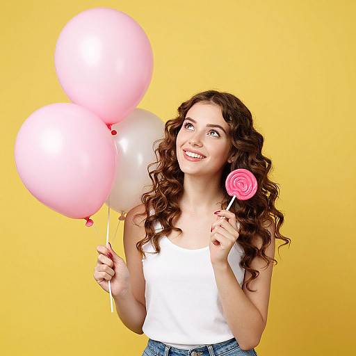 Young Woman Holding Pink Balloons and Lollipop Against Yellow Background