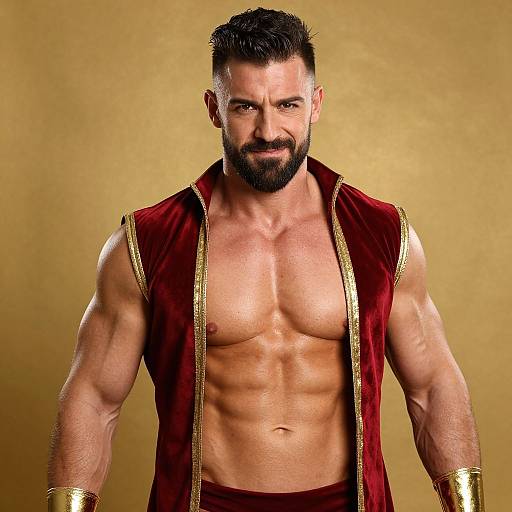Muscular Man in Red Velvet Vest with Gold Trim Posing Confidently