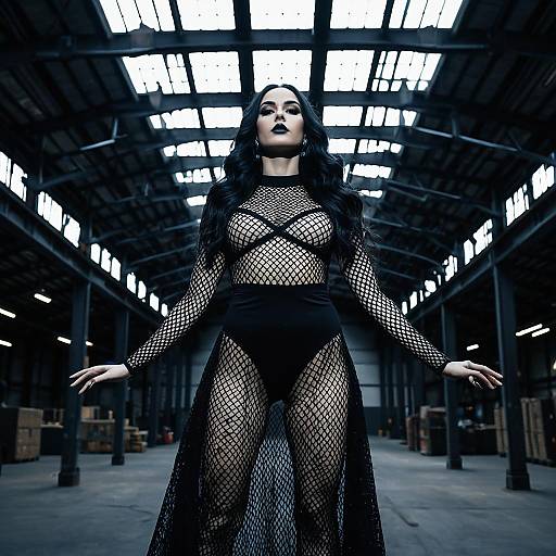 Confident Woman in Black Fishnet Bodysuit Industrial Warehouse Fashion Portrait