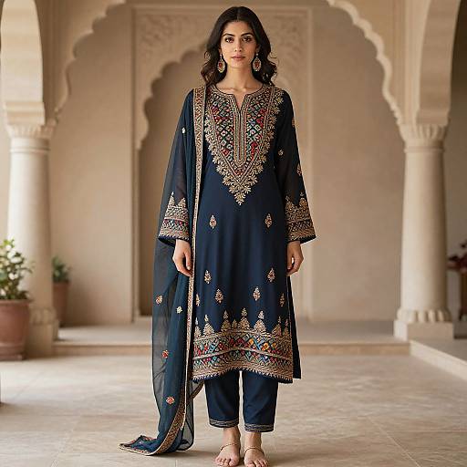Woman Wearing Traditional Navy Blue Embroidered Salwar Kameez