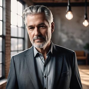 Distinguished man in gray suit, modern industrial room