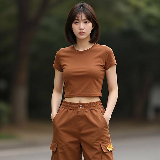 Young Woman Wearing Brown Crop Top and Cargo Pants Outdoors