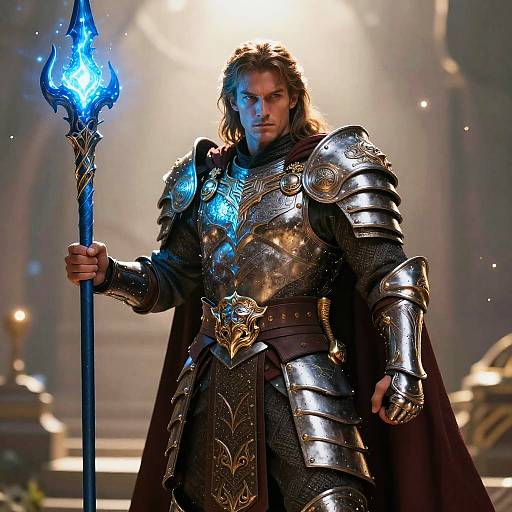 Fantasy Knight in Ornate Armor with Glowing Magic Staff