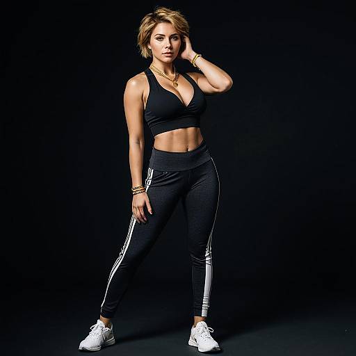 Fit Woman in Black Sportswear and Leggings Posing Confidently in Studio